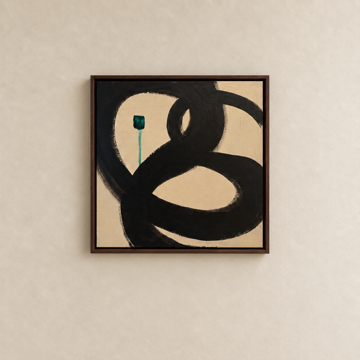 Underline — framed acrylic painting, a dark looping form around a small square green brushstroke