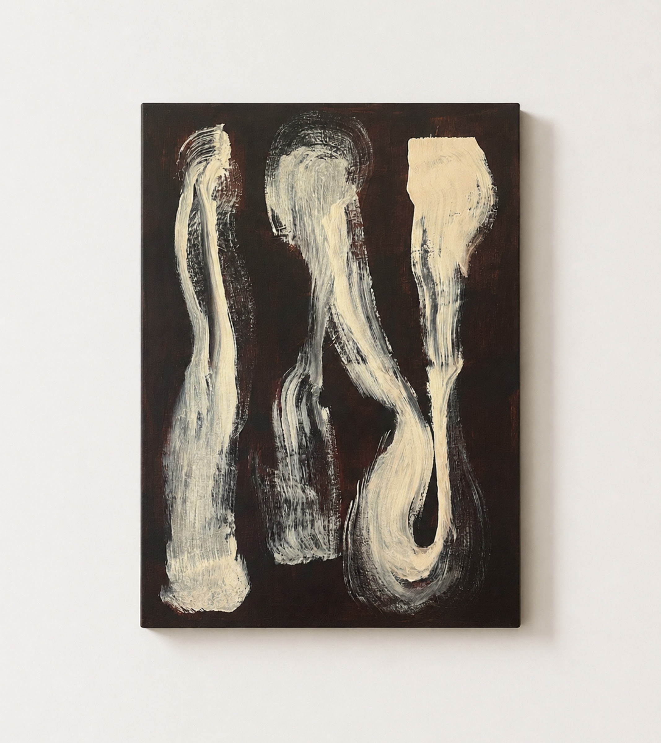 Underneath — acrylic painting, three pale forms on dark ground