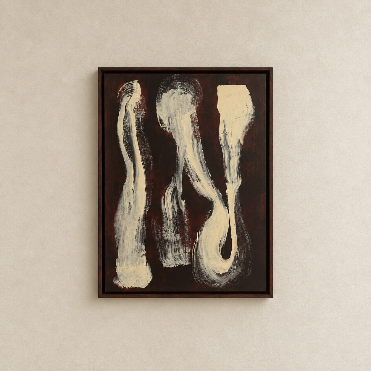Underneath — framed acrylic painting, three pale forms on dark ground