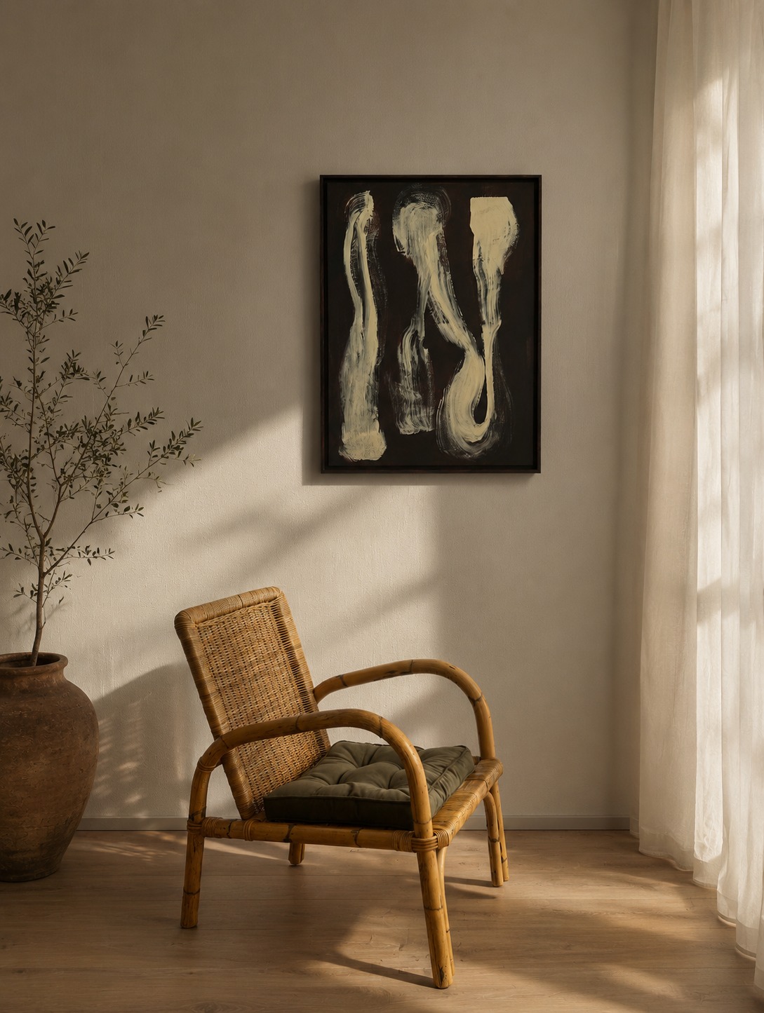 Underneath — the painting shown framed in a living room