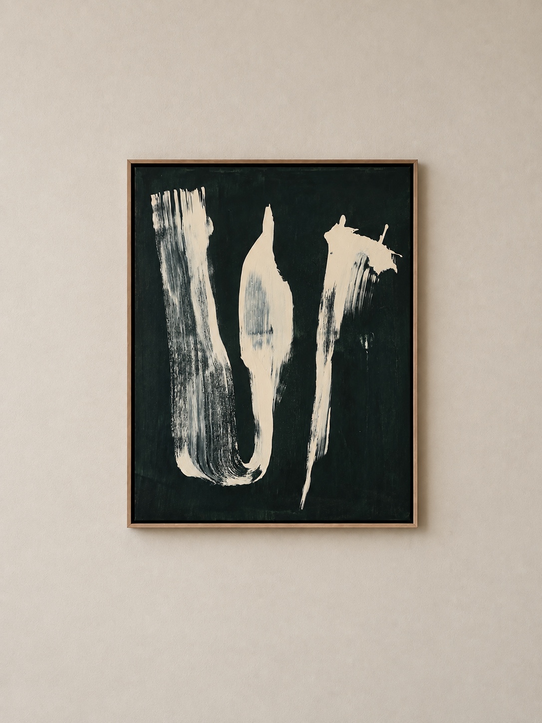 Untold — framed acrylic painting with three pale gestural forms on a deep green ground