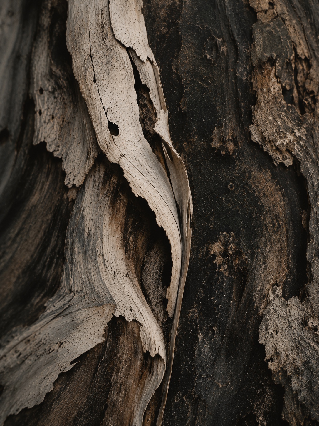 Natural texture — pale, gestural layers of weathered bark against a dark ground